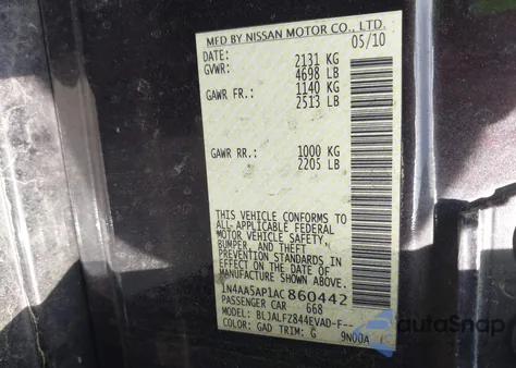 2010 Nissan Maxima 3.5 Sv from USA, damaged, VIN 1N4AA5AP1AC860442